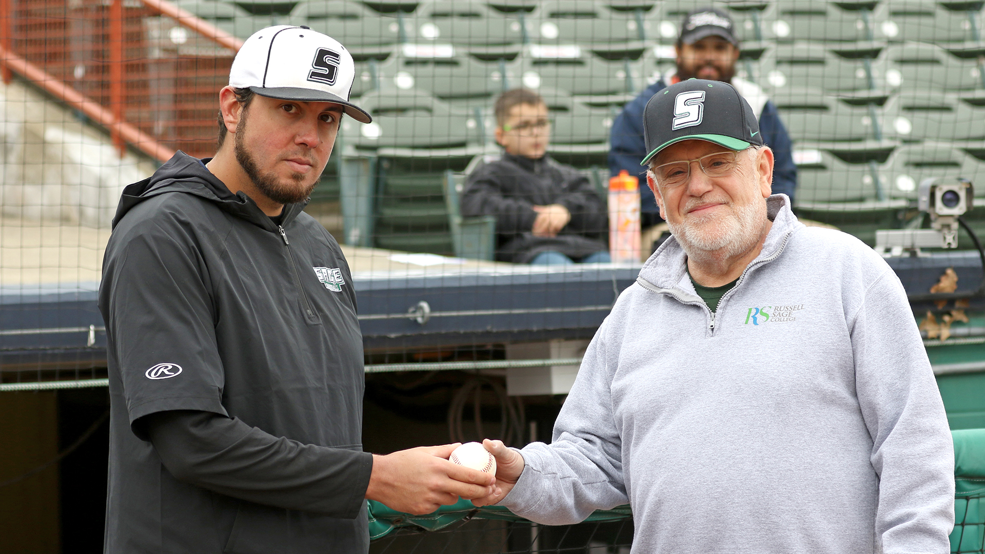Russell Sage College Baseball Head Coach Nick Pontari and President Christopher Ames