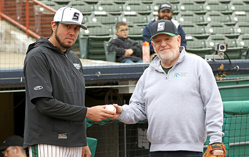 Head Baseball Coach Nick Pontari with RSC President Chris Ames after the First Pitch at the 2022 home opener.