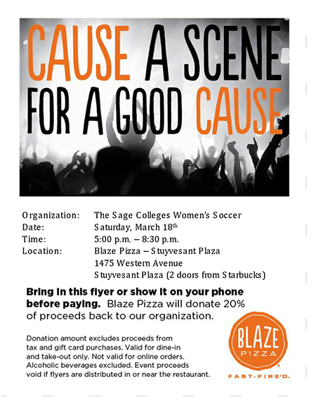 Join the Sage Women's Soccer Team at Blaze Pizza on March 18!