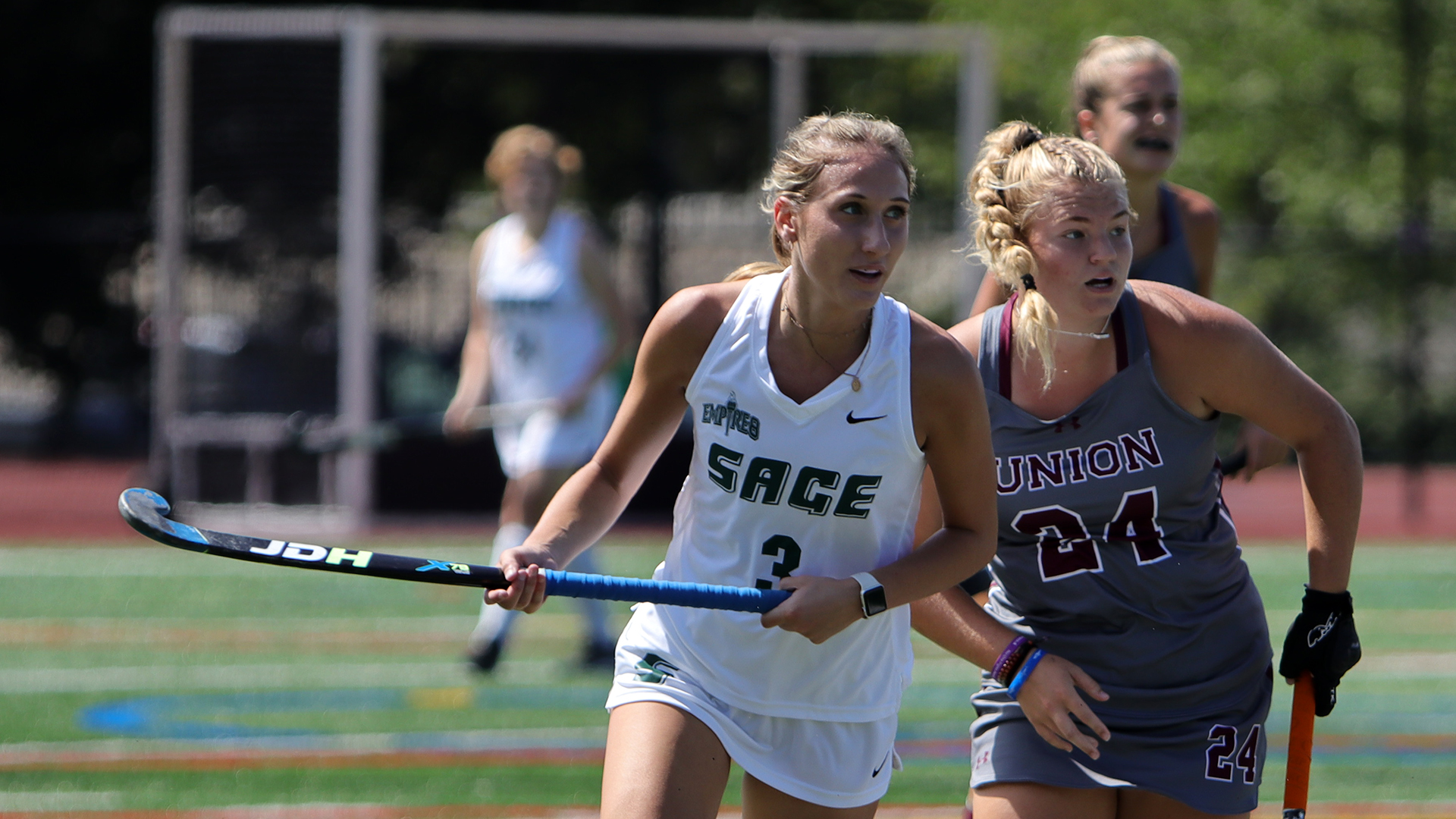Russell Sage College Field Hockey midfielder Amy Stevens (Castle Creek, NY/Whitney Point), a graduate student, was voted the Empire 8 Conference Player of the Year.
 (Photo by @Mackeys_Media) 
